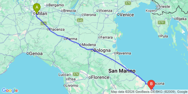 Map: Milan Linate Airport (LIN) to Recanati