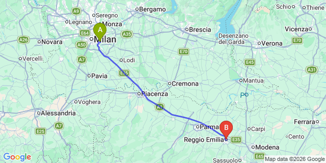 Map: Milan Linate Airport (LIN) to Reggio Emilia