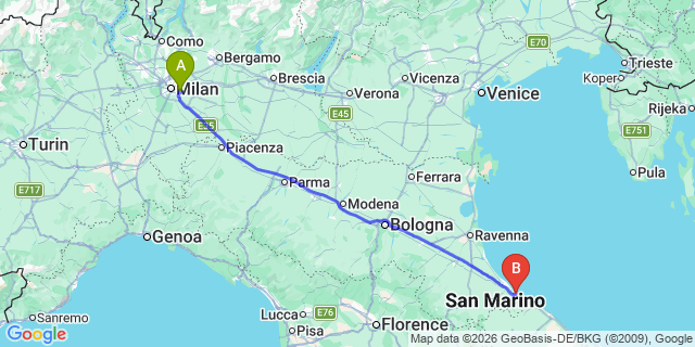Map: Milan Linate Airport (LIN) to Riccione