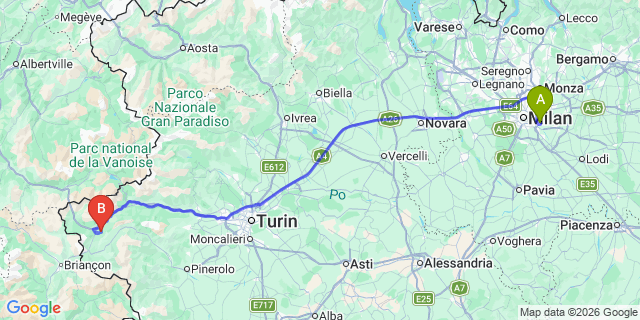 Map: Milan Linate Airport (LIN) to Sauze d’Oulx