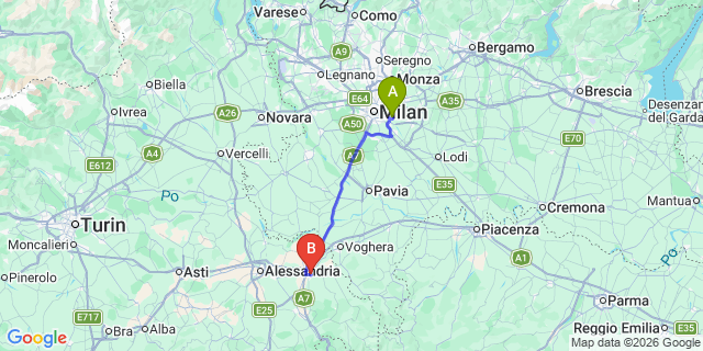Map: Milan Linate Airport (LIN) to Tortona