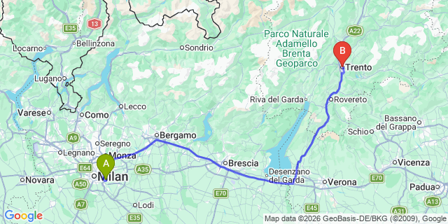Map: Milan Linate Airport (LIN) to Trento