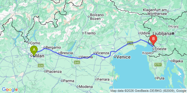 Map: Milan Linate Airport (LIN) to Trieste
