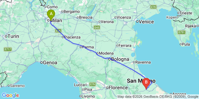 Map: Milan Linate Airport (LIN) to Urbino