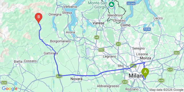 Map: Milan Linate Airport (LIN) to Varallo Sesia