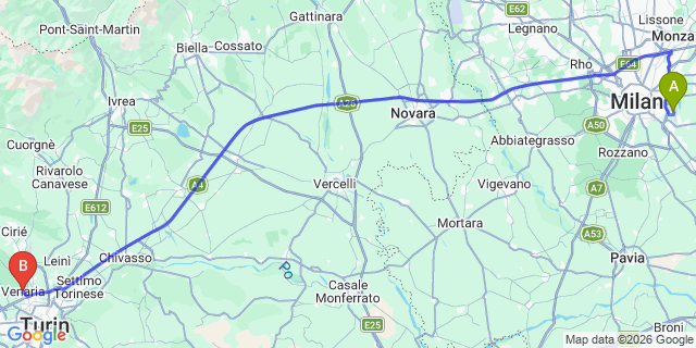 Map: Milan Linate Airport (LIN) to Venaria Reale