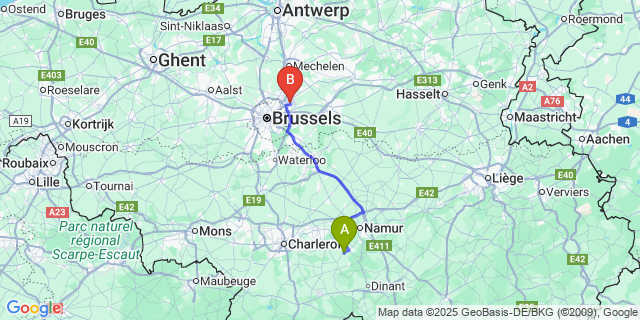 Map: Brussels Zaventem Airport (BRU) to Lesve