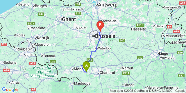 Map: Brussels Zaventem Airport (BRU) to Leval-Trahegnies