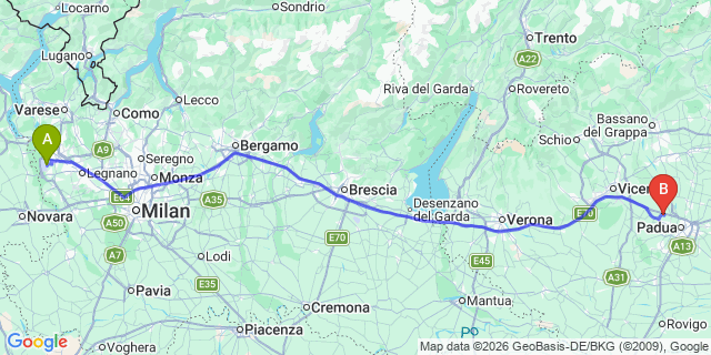 Map: Milan Malpensa Airport (MXP) to Abano Terme