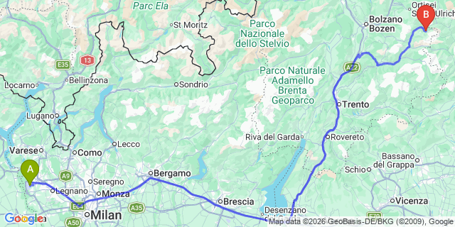 Map: Milan Malpensa Airport (MXP) to Alba-Penia (Canazei)