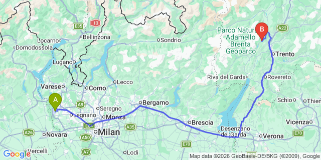 Map: Milan Malpensa Airport (MXP) to Andalo