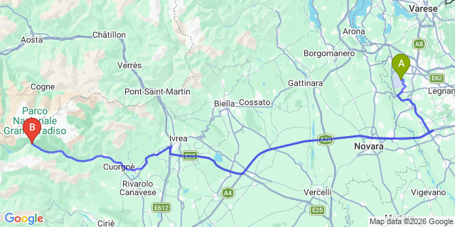 Map: Milan Malpensa Airport (MXP) to Aosta