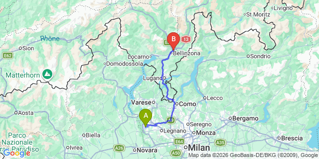 Map: Milan Malpensa Airport (MXP) to Arbedo Castione