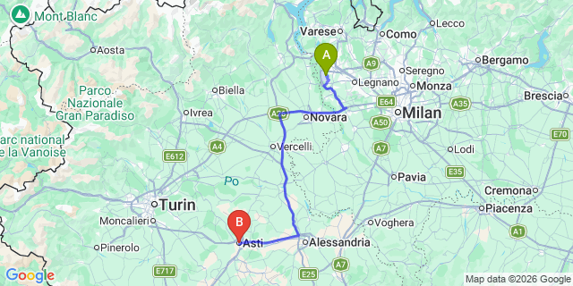 Map: Milan Malpensa Airport (MXP) to Asti