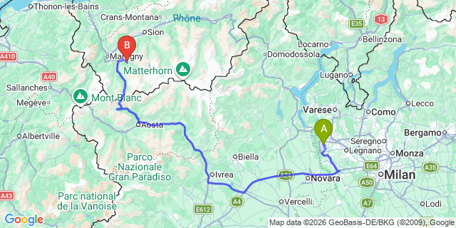 Map: Milan Malpensa Airport (MXP) to Bagnes