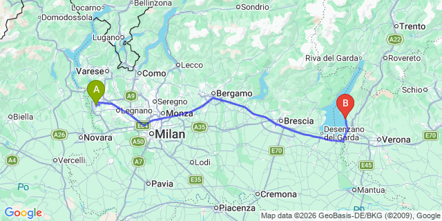 Map: Milan Malpensa Airport (MXP) to Bardolino Lake Garda