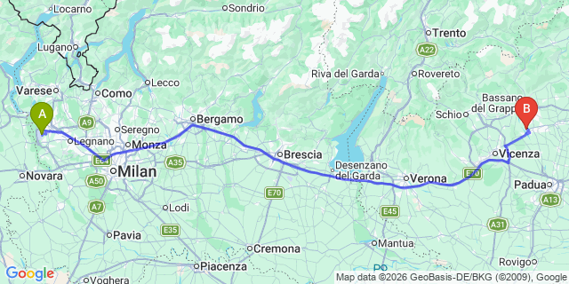 Map: Milan Malpensa Airport (MXP) to Bassano del Grappa