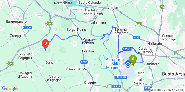 Map: Milan Malpensa Airport (MXP) to Bogogno Golf Resort