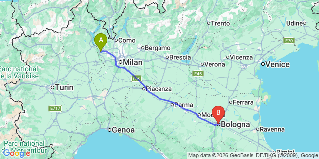 Map: Milan Malpensa Airport (MXP) to Bologna