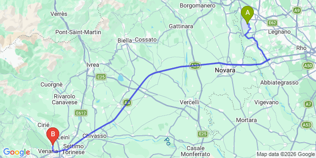 Map: Milan Malpensa Airport (MXP) to Borgaro Torinese