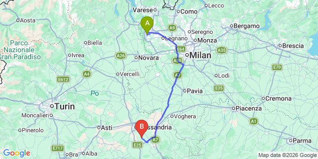 Map: Milan Malpensa Airport (MXP) to Bosco Marengo