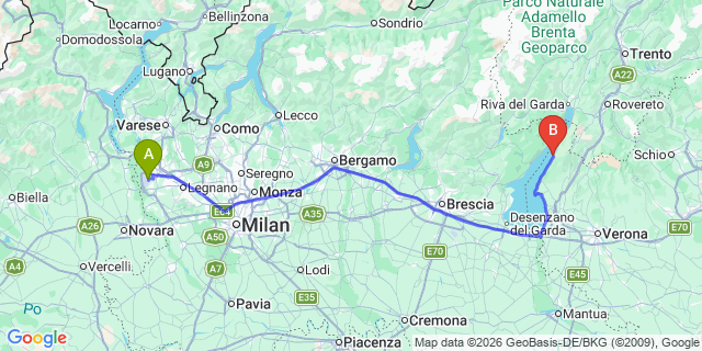 Map: Milan Malpensa Airport (MXP) to Brenzone