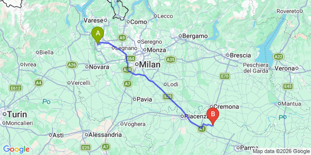 Map: Milan Malpensa Airport (MXP) to Busseto