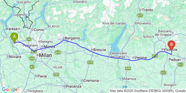 Map: Milan Malpensa Airport (MXP) to Camisano Vicentino