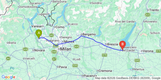 Map: Milan Malpensa Airport (MXP) to Camping San Biagio