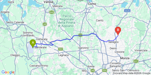 Map: Milan Malpensa Airport (MXP) to Carate Brianza