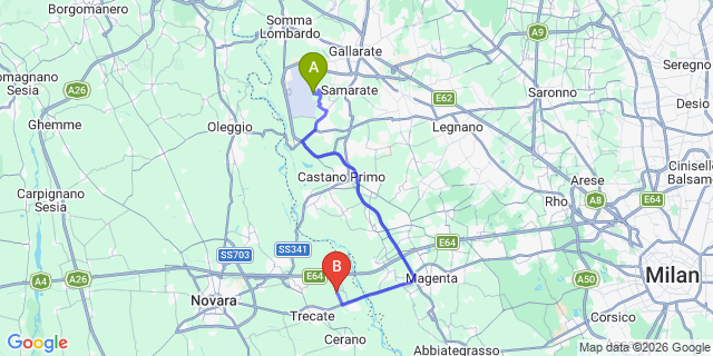 Map: Milan Malpensa Airport (MXP) to Cardano Al Campo