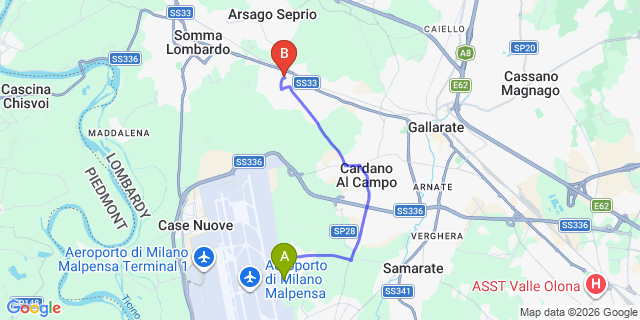 Map: Milan Malpensa Airport (MXP) to Casorate Sempione