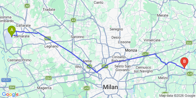 Map: Milan Malpensa Airport (MXP) to Cassano d’Adda