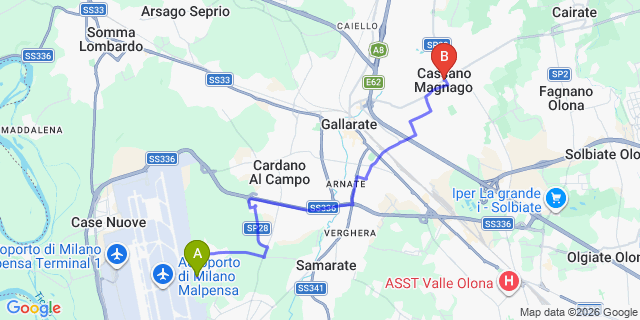 Map: Milan Malpensa Airport (MXP) to Cassano Magnago