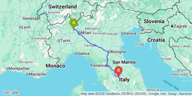 Map: Milan Malpensa Airport (MXP) to Castiglione del Lago