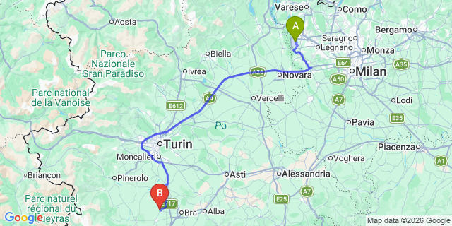 Map: Milan Malpensa Airport (MXP) to Cavallermaggiore