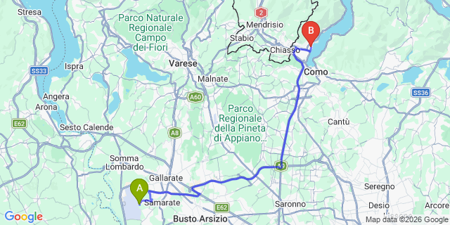 Map: Milan Malpensa Airport (MXP) to Cernobbio Lake Como