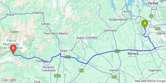 Map: Milan Malpensa Airport (MXP) to Cogne