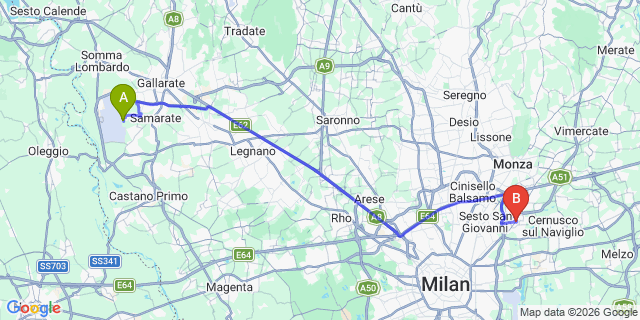 Map: Milan Malpensa Airport (MXP) to Cologno Monzese