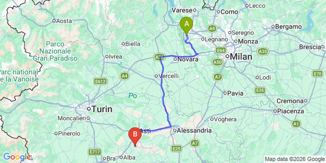 Map: Milan Malpensa Airport (MXP) to Costigliole d’Asti