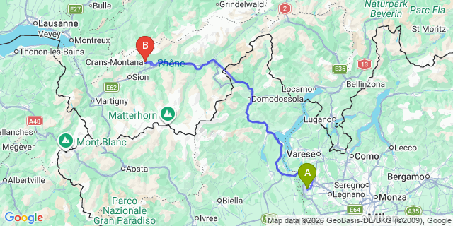 Map: Milan Malpensa Airport (MXP) to Crans Montana