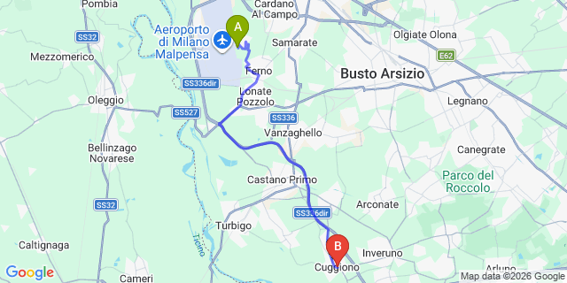 Map: Milan Malpensa Airport (MXP) to Cuggiono