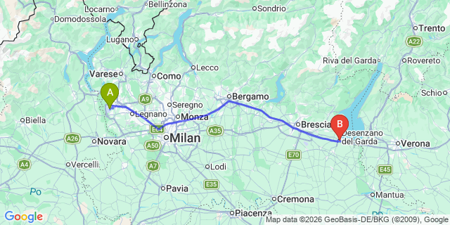 Map: Milan Malpensa Airport (MXP) to Desenzano del Garda