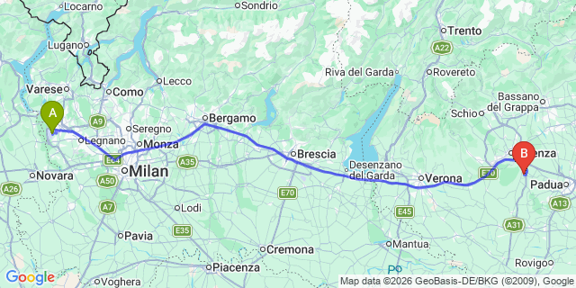Map: Milan Malpensa Airport (MXP) to Ferrara