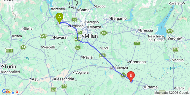 Map: Milan Malpensa Airport (MXP) to Fidenza