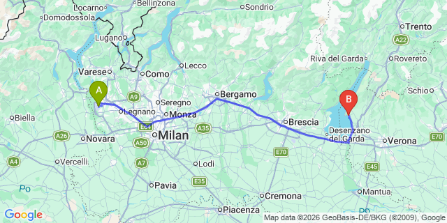 Map: Milan Malpensa Airport (MXP) to Garda Lake Garda