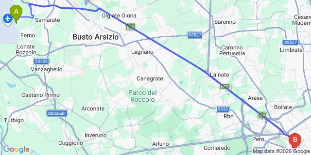 Map: Milan Malpensa Airport (MXP) to Garegnano