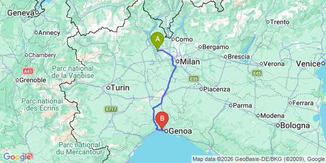 Map: Milan Malpensa Airport (MXP) to Genoa airport