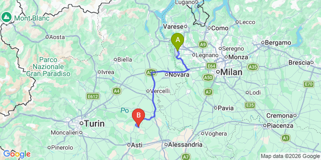 Map: Milan Malpensa Airport (MXP) to Grazzano Badoglio