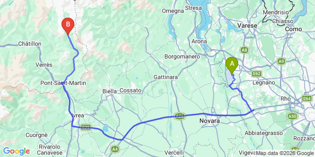 Map: Milan Malpensa Airport (MXP) to Gressoney Saint Jean